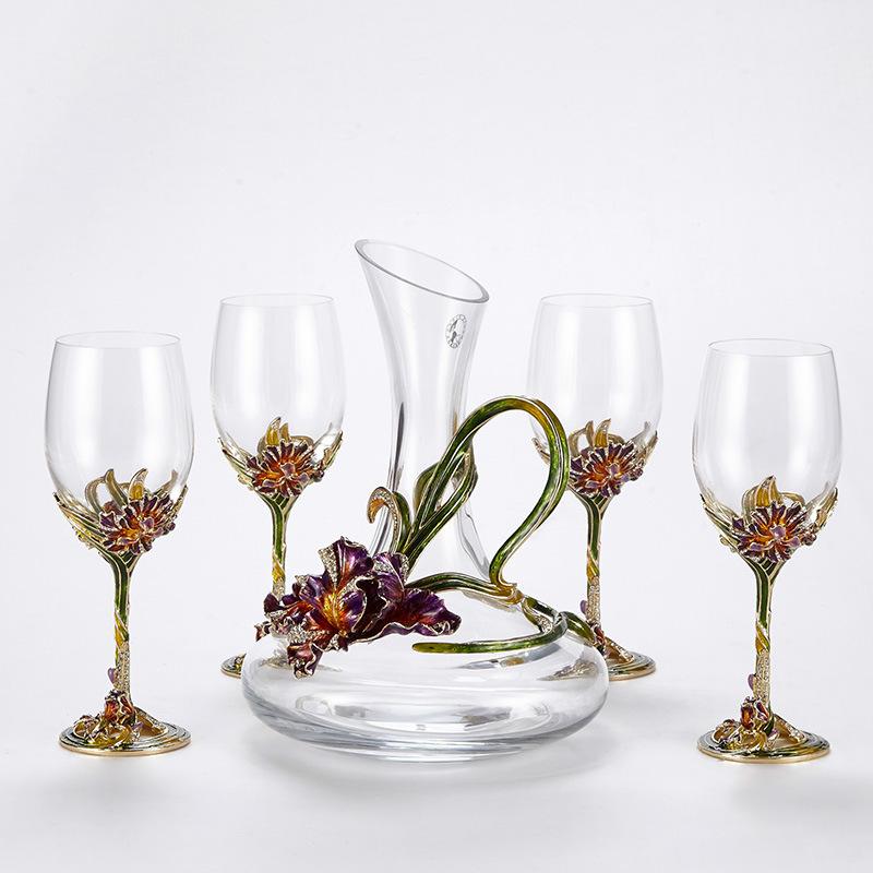 Enamel Red Wine Glass - Elegant Irises